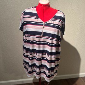 3X Roz & Ali from Dressbarn Striped Short Sleeve Blouse with Gold Zipper